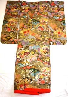 深緑地の道長に雪輪に古典花柄の唐織