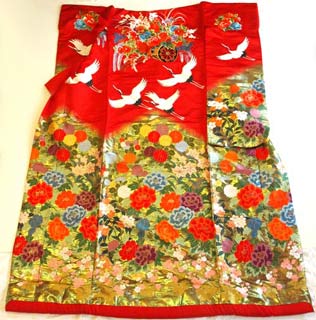 花車に飛び鶴の刺繍柄に古典花の唐織